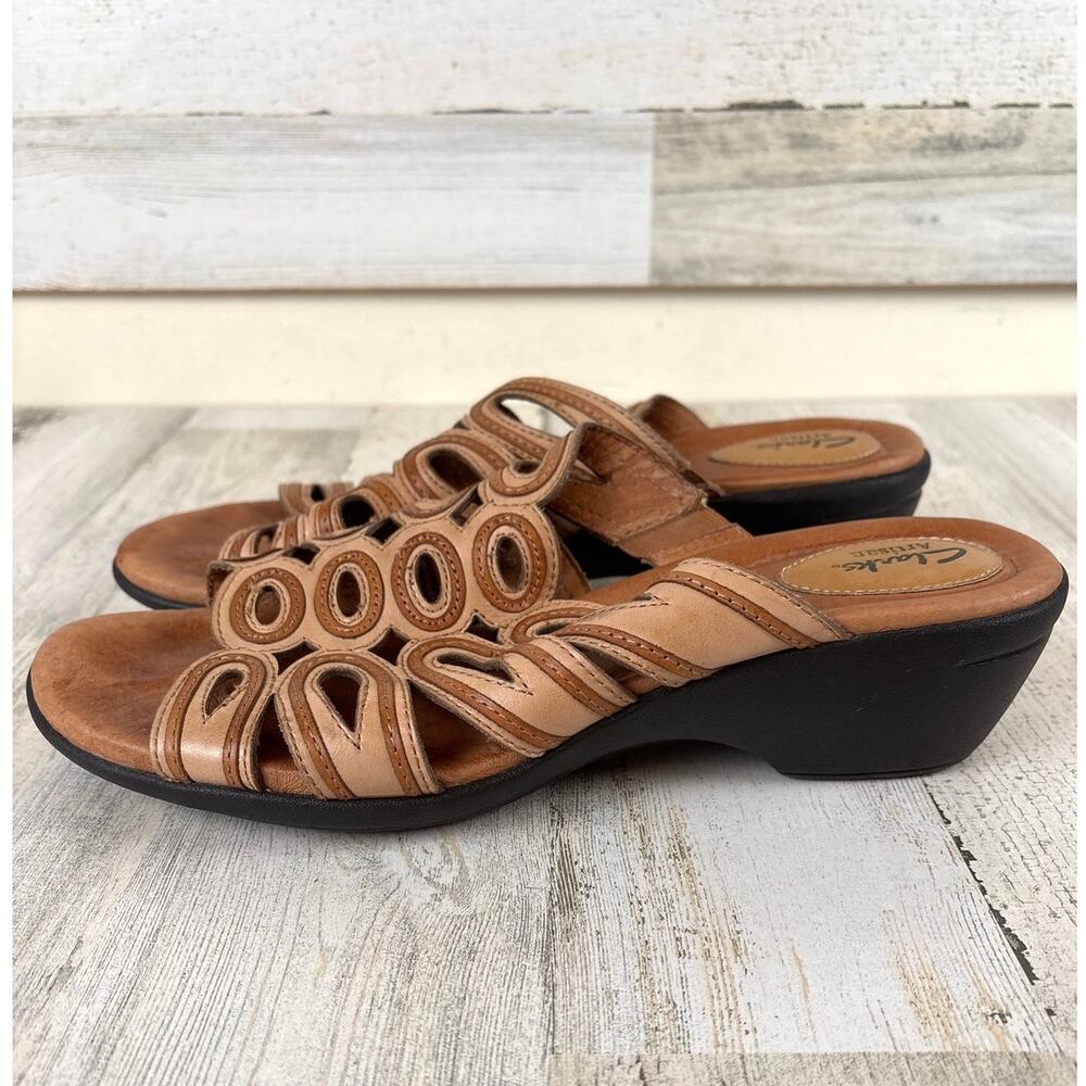 Clarks Womens 11 Tan Leather Artisan Wedge Sandals Open Toe Comfort